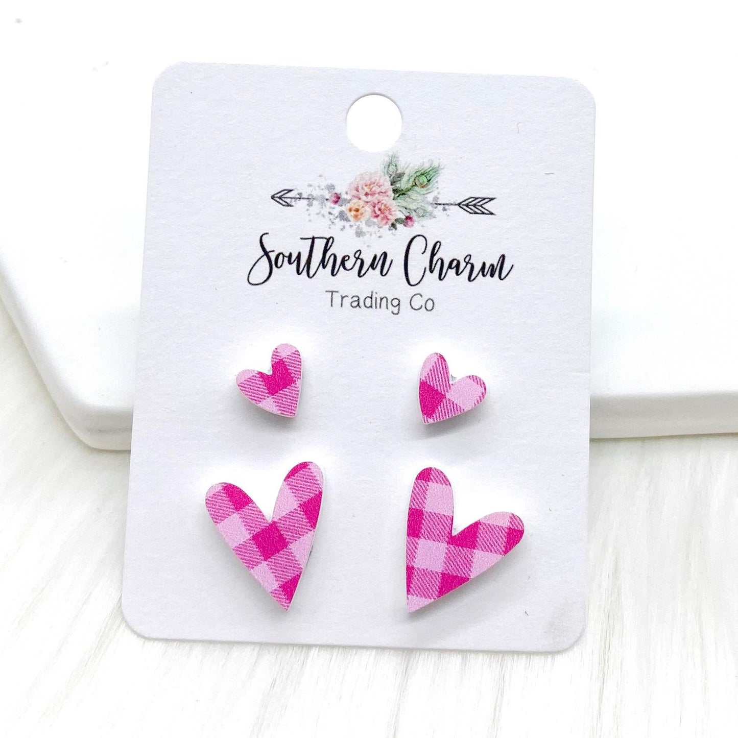 Pink Plaid Heart Mommy & Me Studs