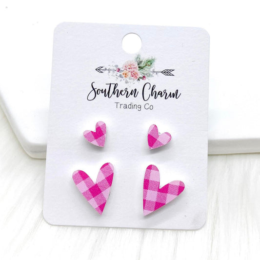 Pink Plaid Heart Mommy & Me Studs