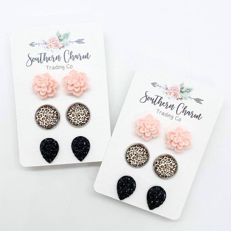 Pink Succulents/Tan Leopard/Black Teardrops
